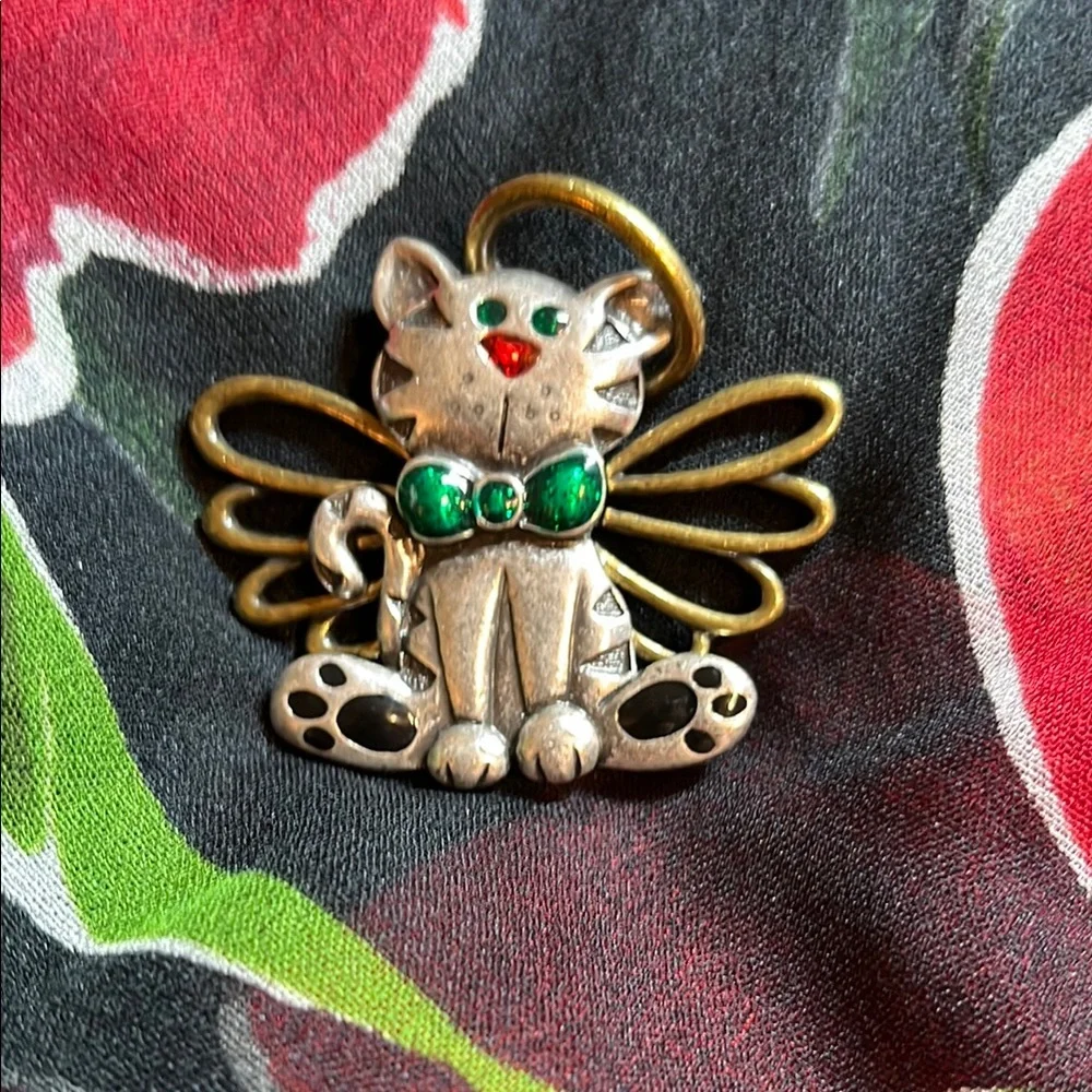 Gold and Silver tone Cat Angel Brooch